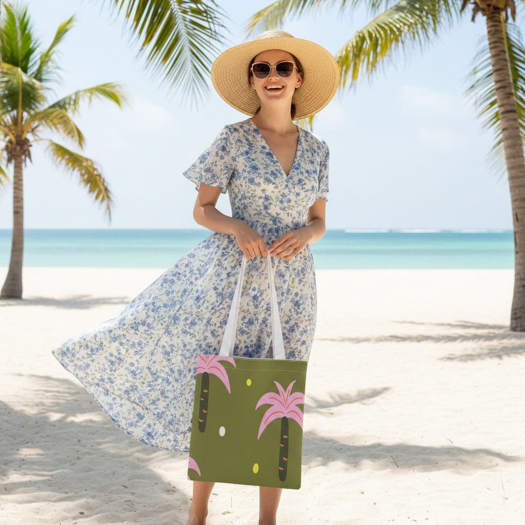 Azure Tropical Palm Tote Bag packed for a beach-to-dinner tropical getaway
