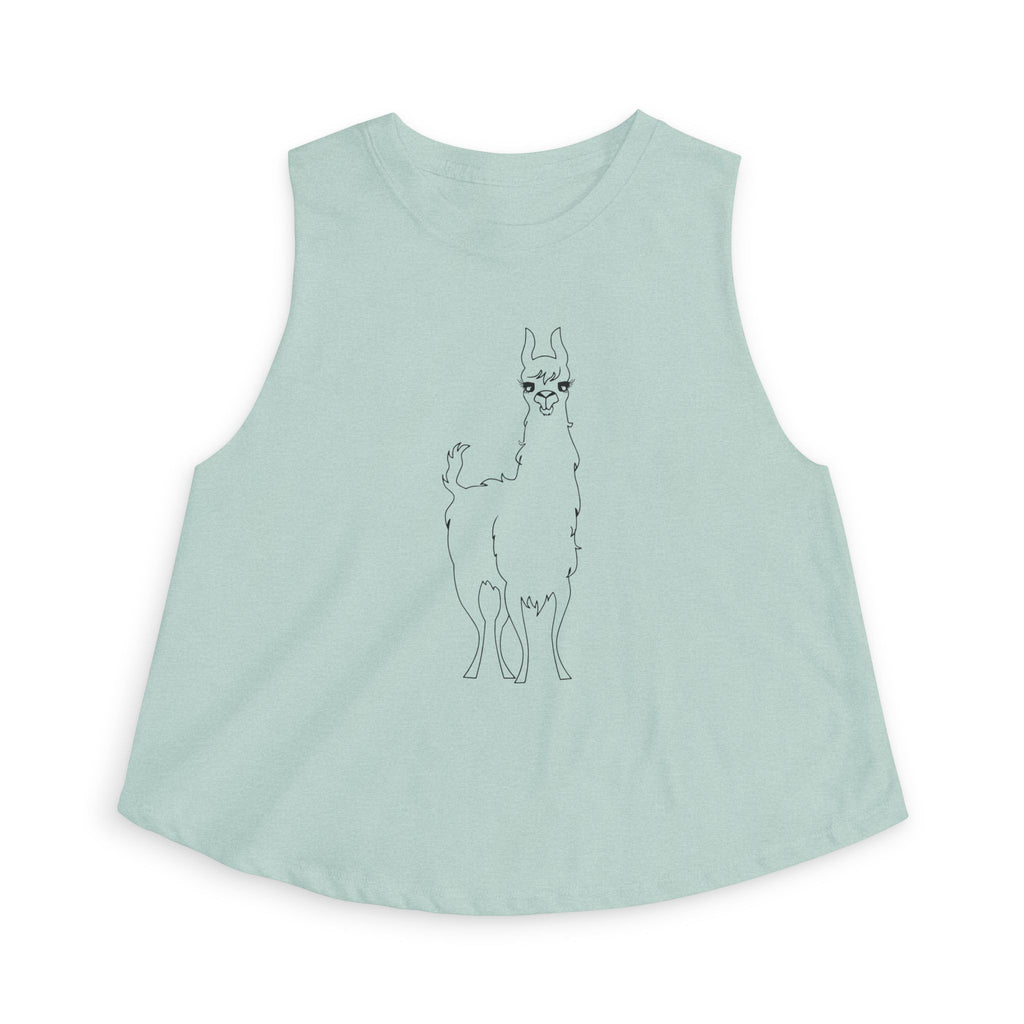 Azure Llama Line Art Women's Crop Top — Minimal Cute Alpaca Sketch Tank