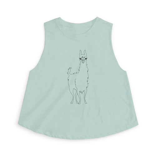 Azure Llama Line Art Women's Crop Top — Minimal Cute Alpaca Sketch Tank