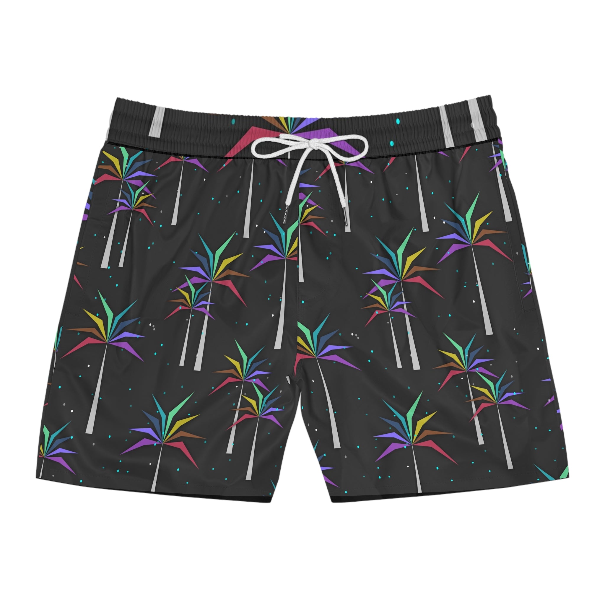Men's Swim Shorts — Neon Palm Tree Print Mid-Length Boardshorts