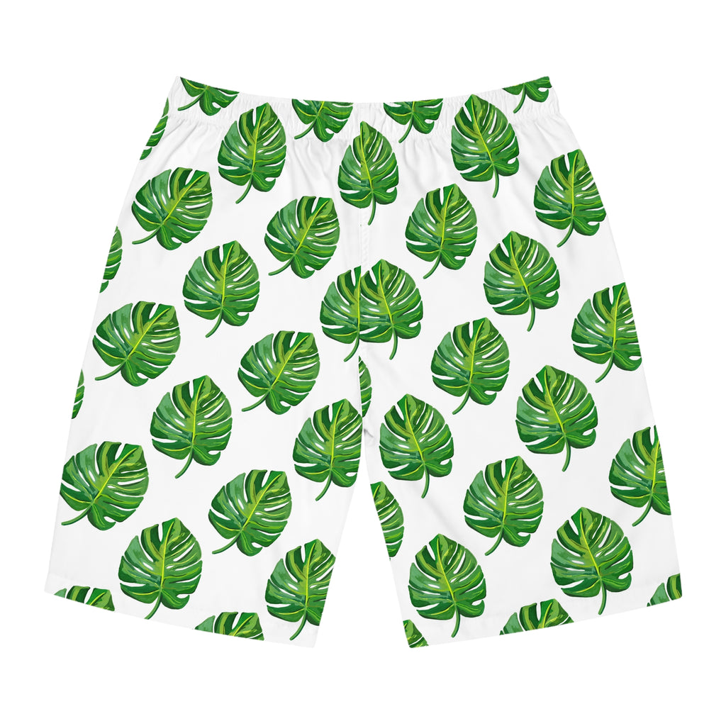 Tropical Monstera Board Shorts — Men's Leaf Print Swim Trunks