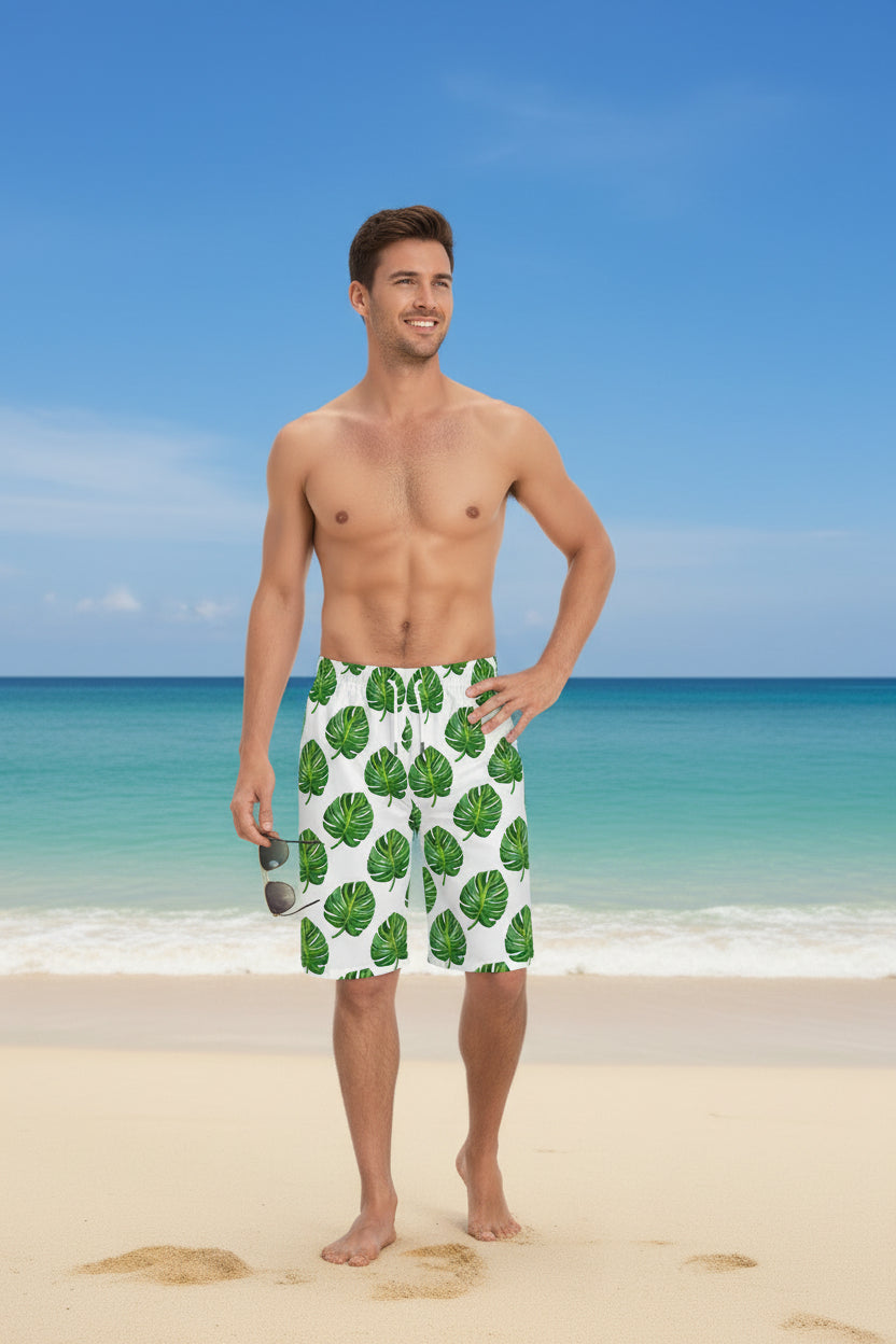 Azure Tropical Monstera Board Shorts — Men's Leaf Print Swim Trunks