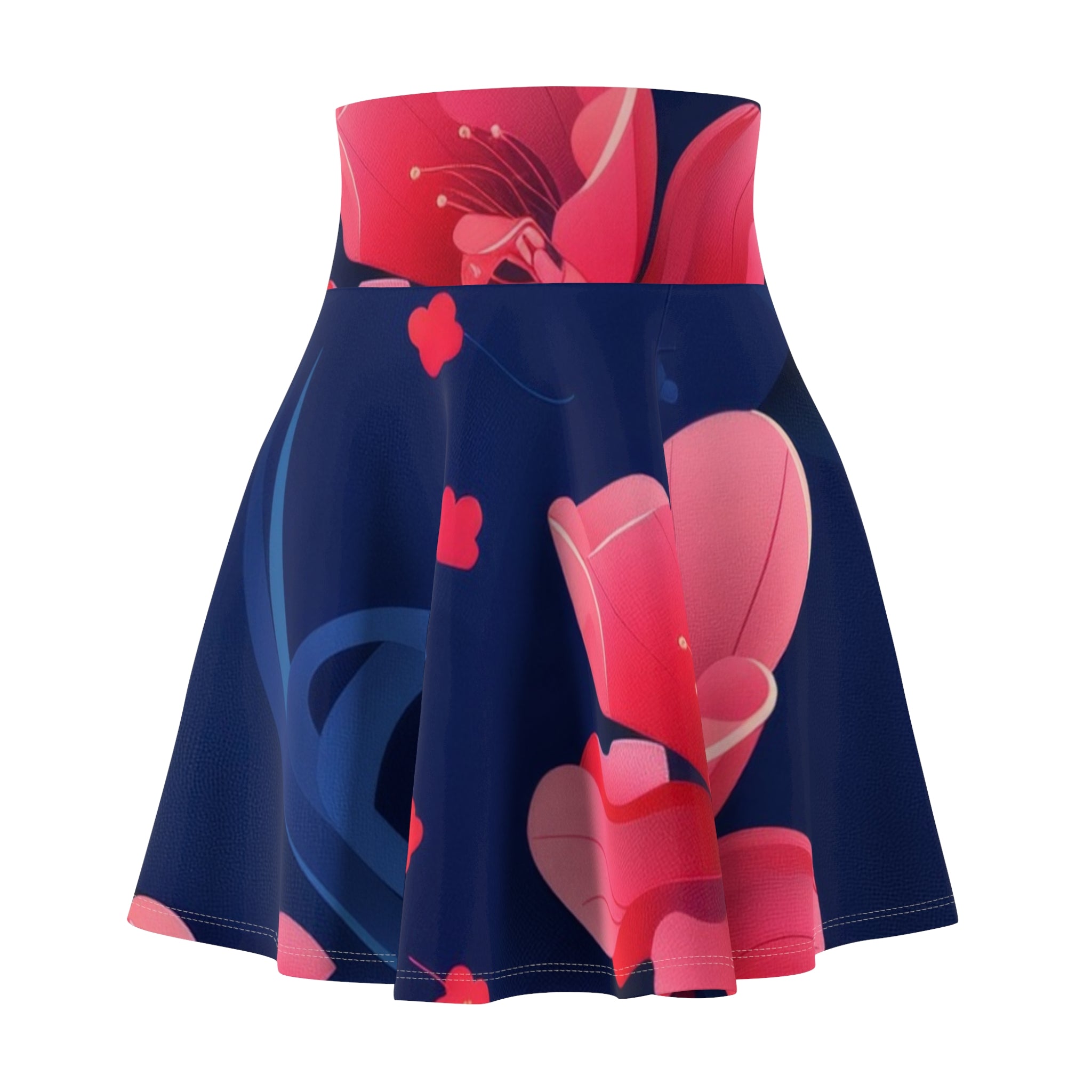 Floral Navy & Coral Skater Skirt — Elegant Pink Blossom