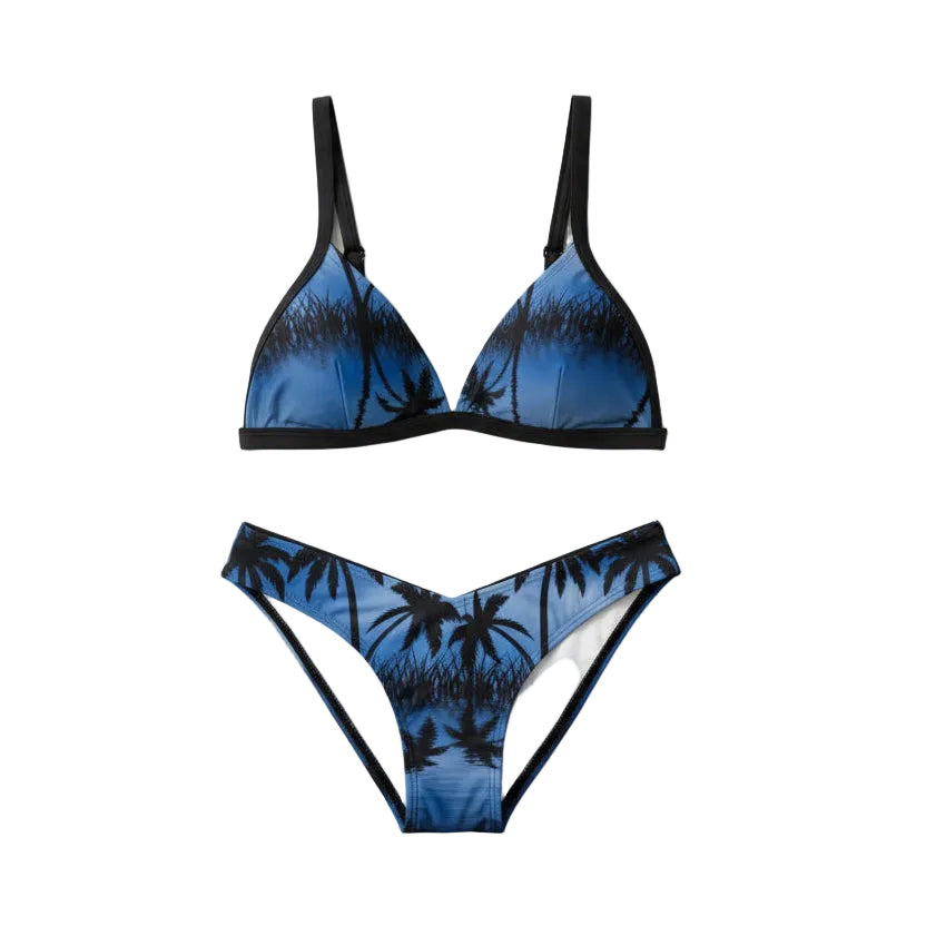 Midnight Palm Oasis Bikini Set – Deep Blue Tropical Print Sexy Two Piece Bikini Swimsuit