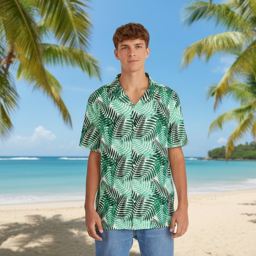 Azure Tropical Palm Leaf Hawaiian Shirt