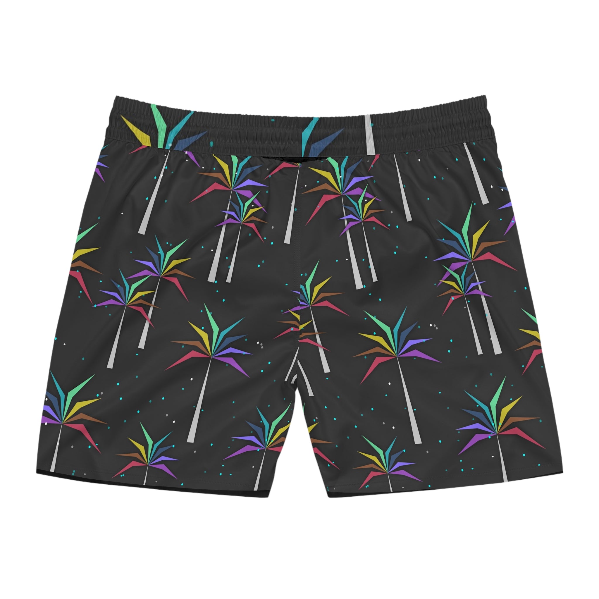 Men's Swim Shorts — Neon Palm Tree Print Mid-Length Boardshorts