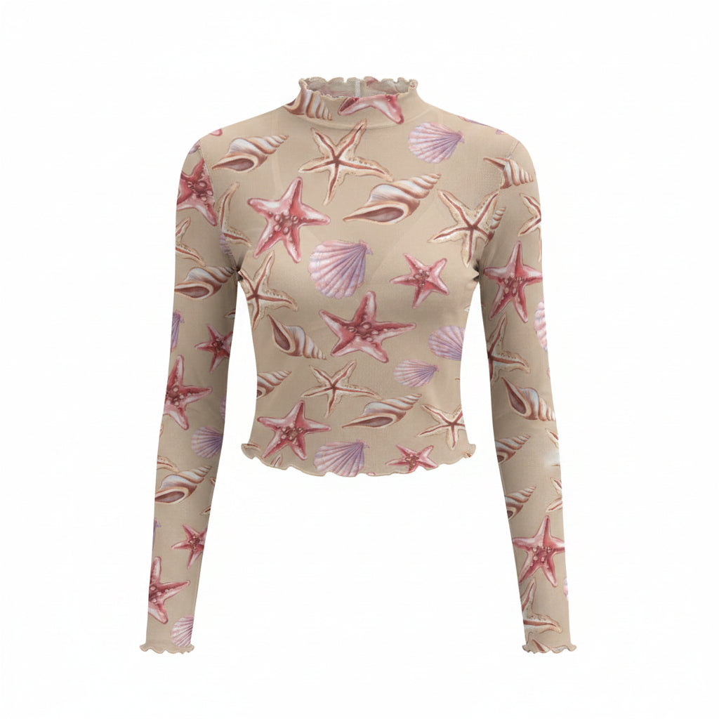Women's All-Over Print Mesh Long-Sleeve Top | Sheer Skinny Fit Resort Wear | XS–6XL