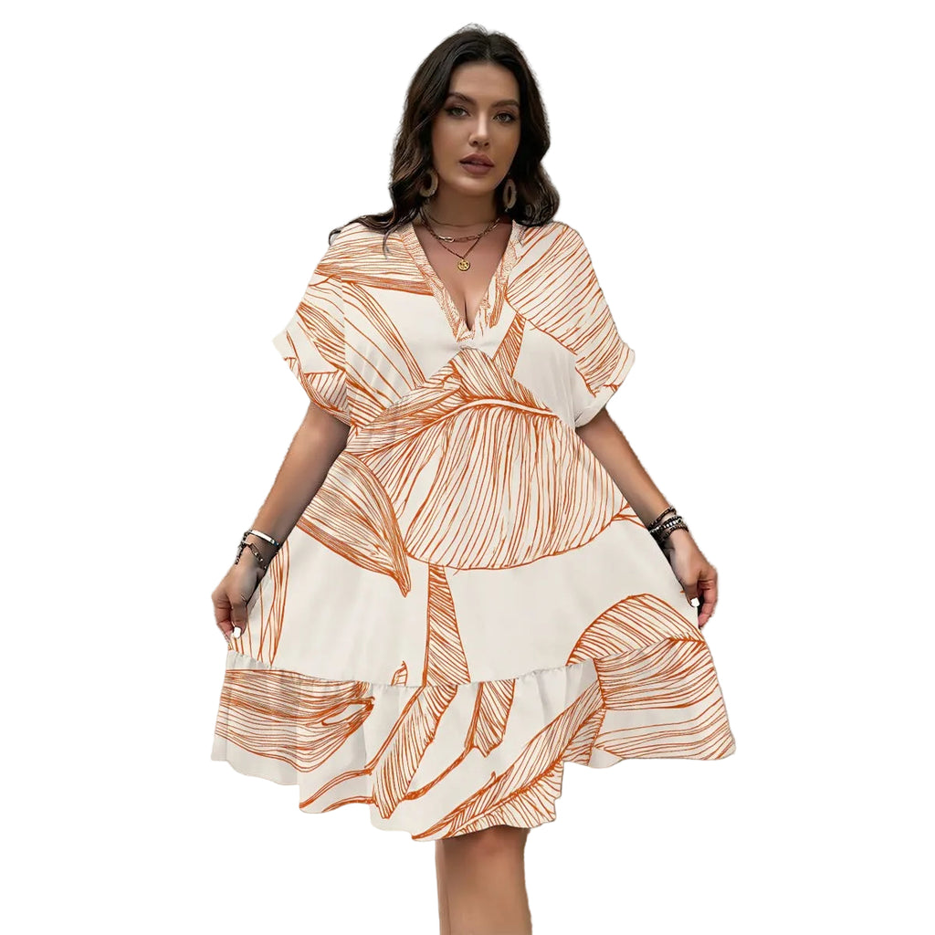 Tropical Monstera V-Neck Short Sleeve Dress