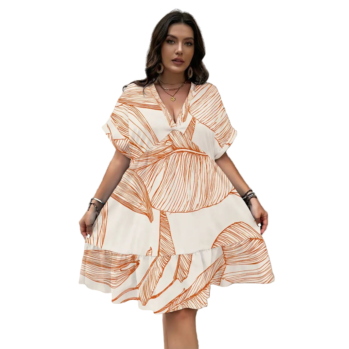 Tropical Monstera V-Neck Short Sleeve Dress