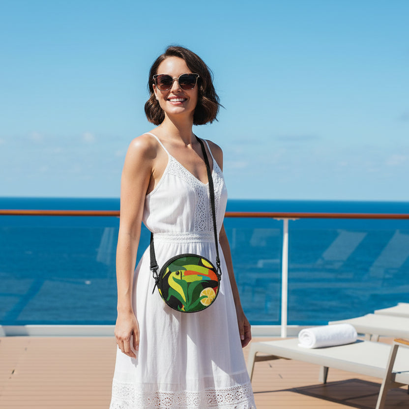 Vibrant Toucan Round Satchel Crossbody Bag – Tropical Jungle Print Purse