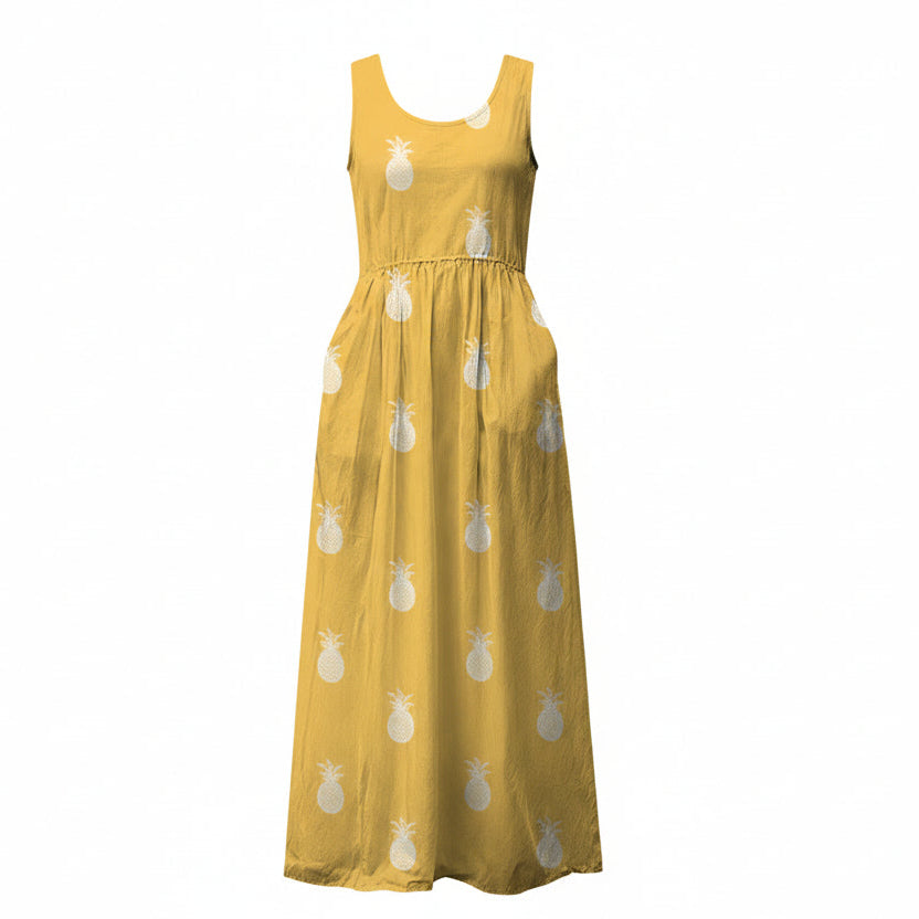 Sun-Kissed Pineapple Bliss Maxi Dress – Golden Yellow Tropical Flow