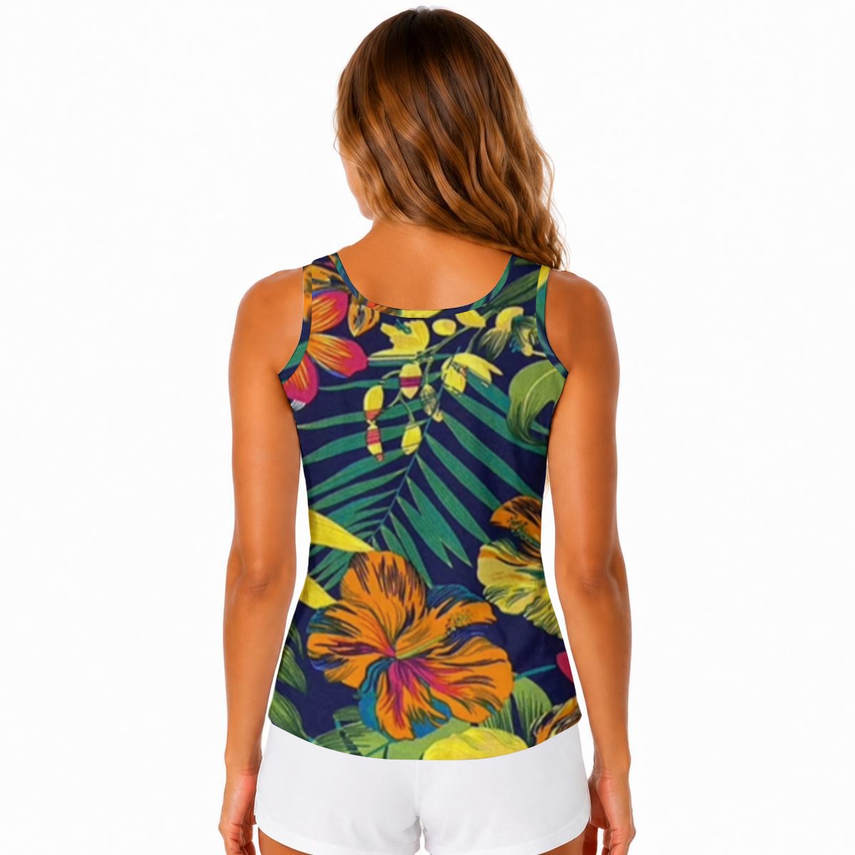 Tropical Print Sports Tank Top with Built-In Bra