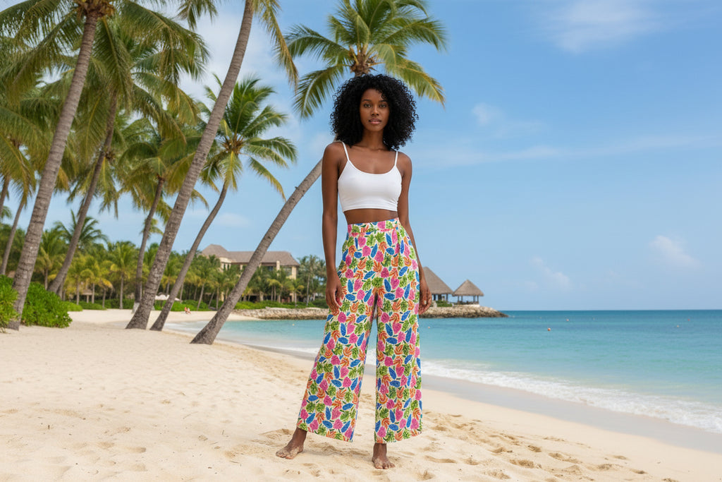 Azure Tropical Colorburst Wide-Leg Palazzo Pants High Waist Wide Leg Trousers