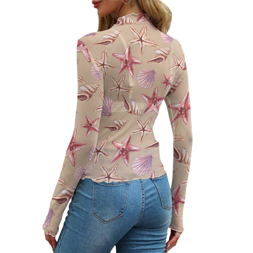 Women's All-Over Print Mesh Long-Sleeve Top | Sheer Skinny Fit Resort Wear | XS–6XL