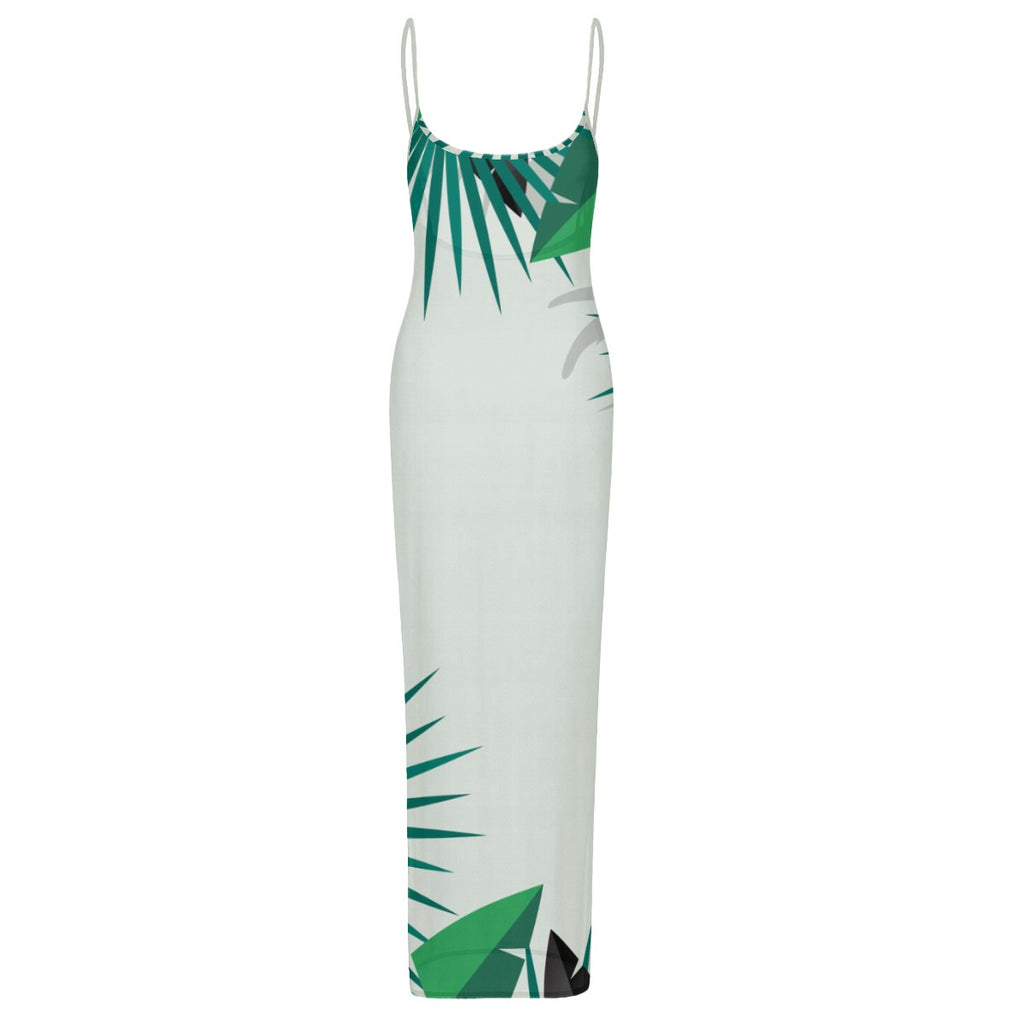 Tropical Leaves Print Women's Sheer Mesh Backless Spaghetti Strap Maxi Dress