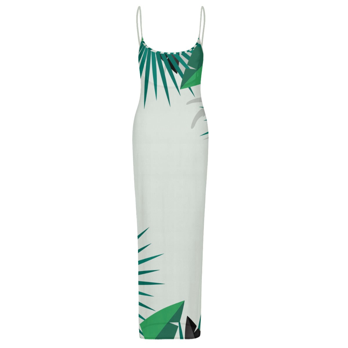 Tropical Leaves Print Women's Sheer Mesh Backless Spaghetti Strap Maxi Dress