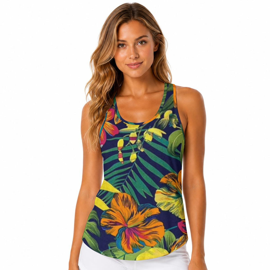 Tropical Print Sports Tank Top with Built-In Bra