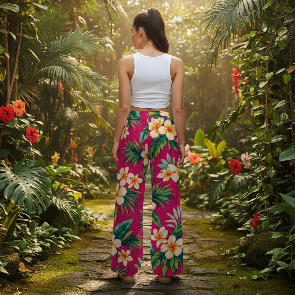 Tropical Plumeria and Palms High-Stretch Casual Pants