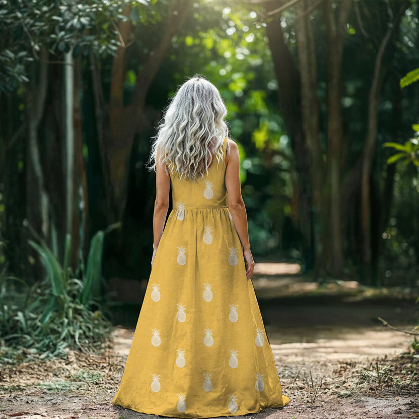 Sun-Kissed Pineapple Bliss Maxi Dress – Golden Yellow Tropical Flow