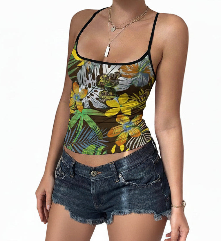 Tropical Bloom Print Spaghetti Strap Tank Top