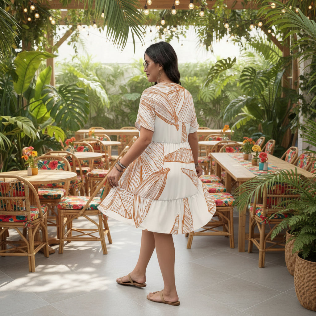 Tropical Monstera V-Neck Short Sleeve Dress