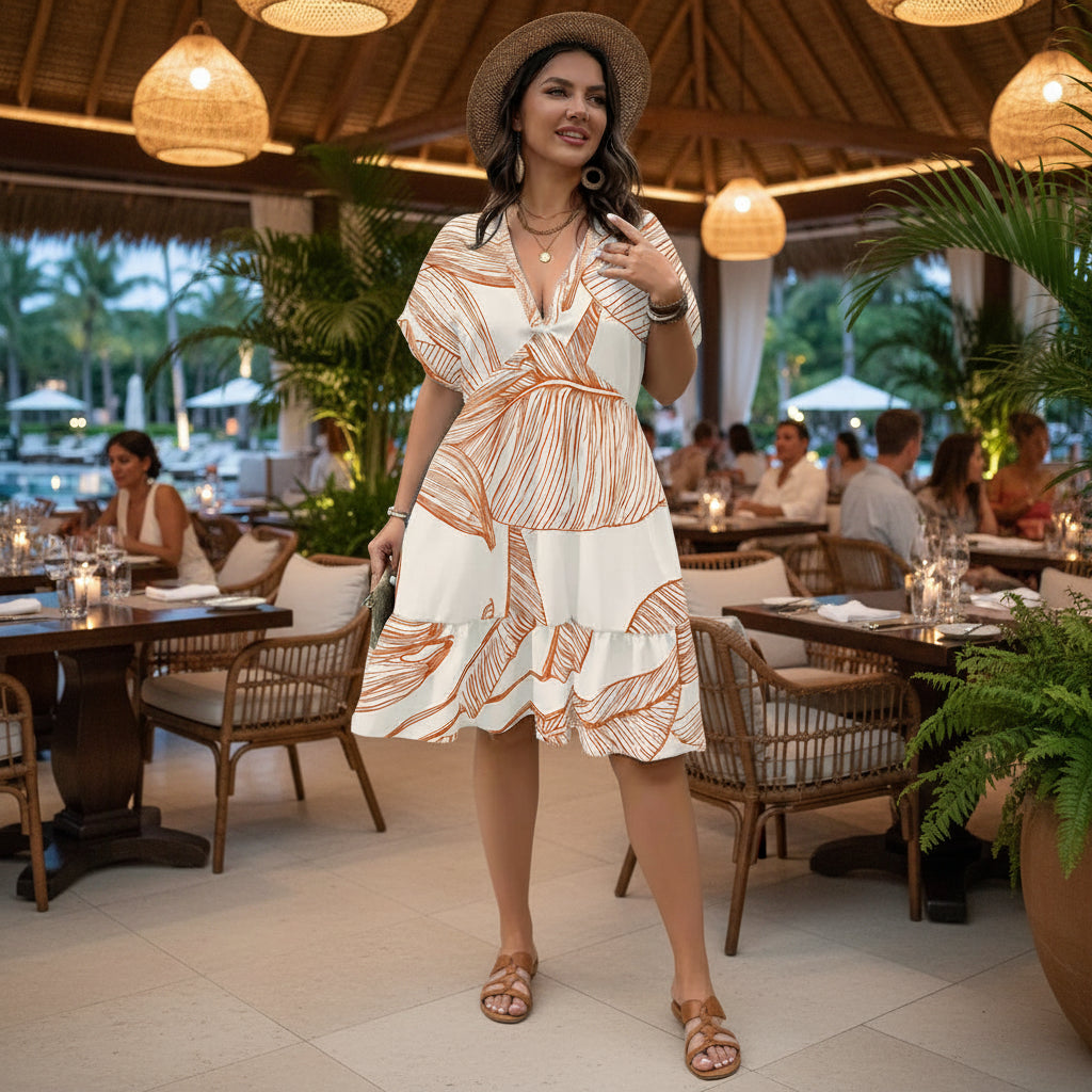 Tropical Monstera V-Neck Short Sleeve Dress