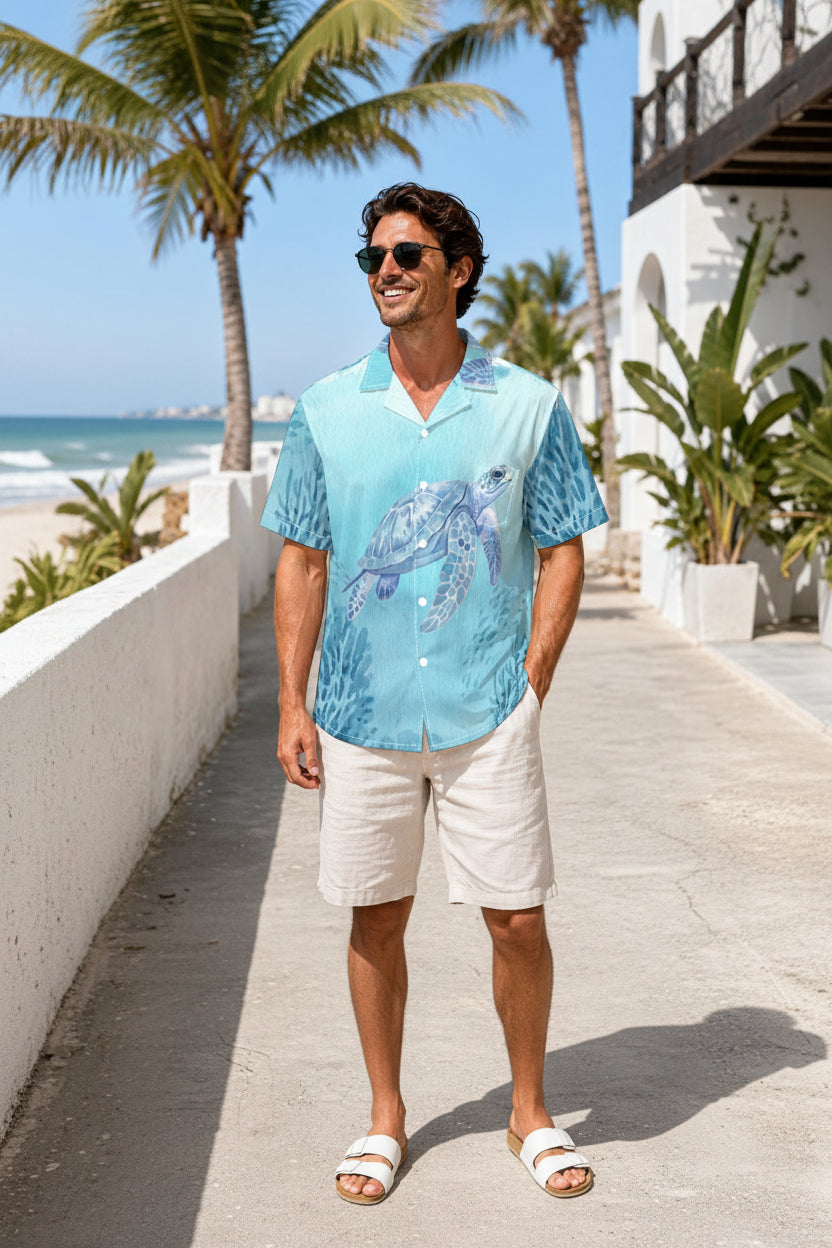 Men's Sea Turtle Hawaiian Shirt | Watercolor Ocean Print Button-Down | XS–8XL