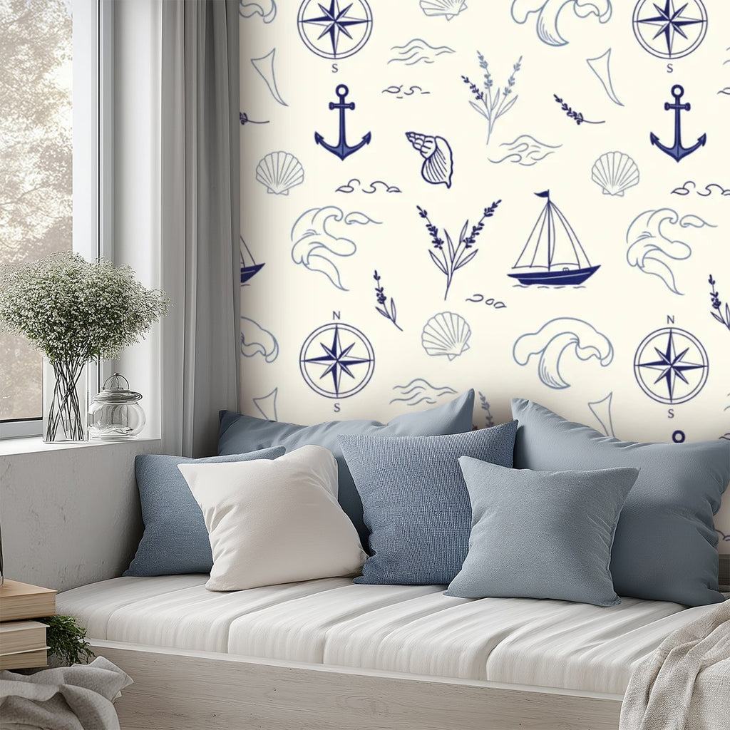 Nautical Blue & White Peel-and-Stick Wallpaper |Coastal Pattern