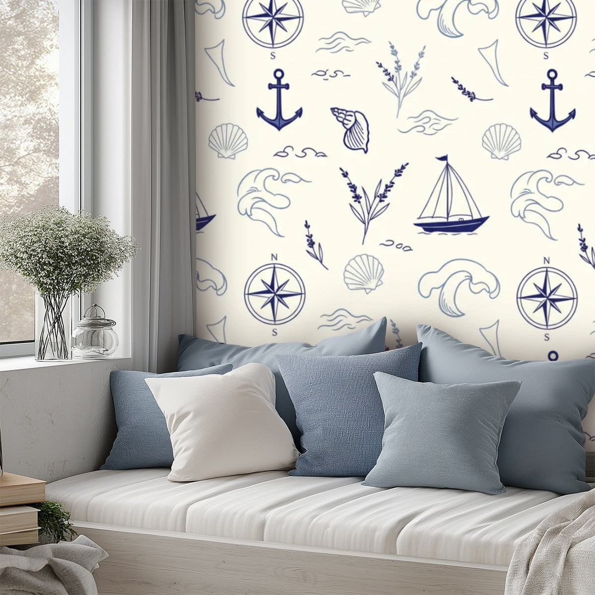 Nautical Blue & White Peel-and-Stick Wallpaper |Coastal Pattern