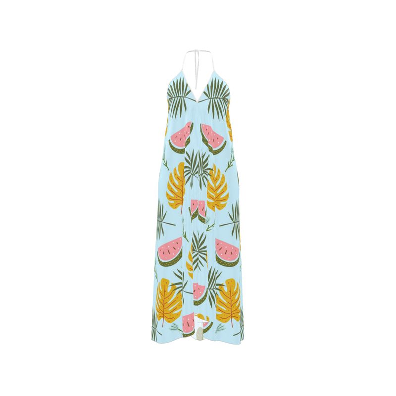 Azure Tropical Watermelon Breeze Halterneck Backless Dress