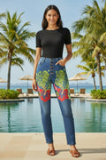 Tropical Flowers Women's Jeans (Front Printing) Made In USA Ships to USA Only