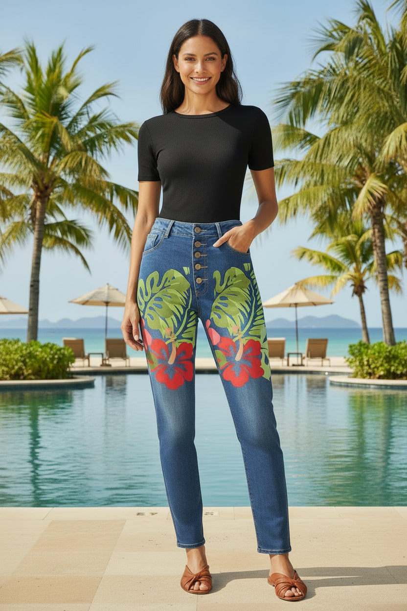 Tropical Flowers Women's Jeans (Front Printing) Made In USA Ships to USA Only