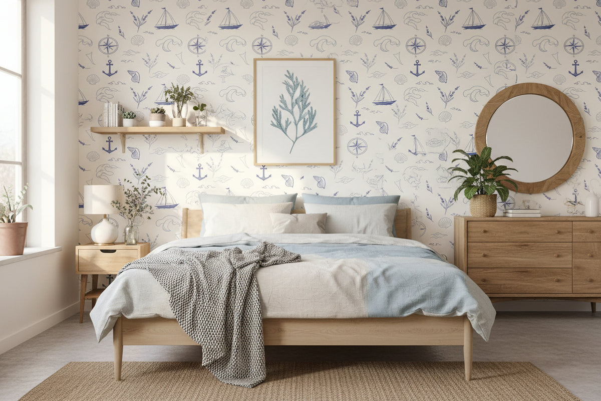 Nautical Blue & White Peel-and-Stick Wallpaper |Coastal Pattern