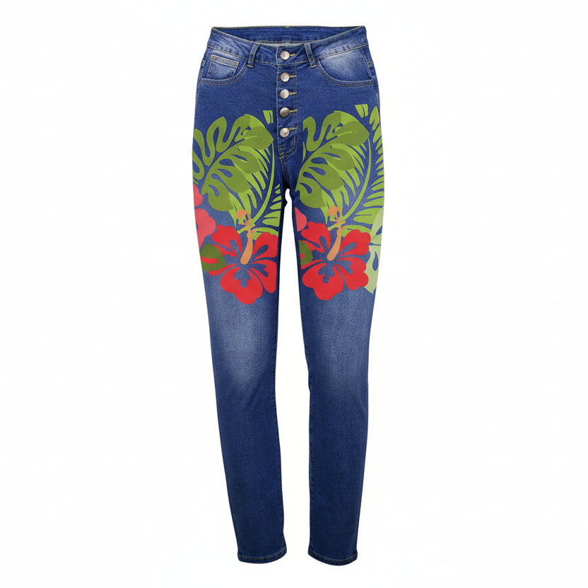 Tropical Flowers Women's Jeans (Front Printing) Made In USA Ships to USA Only