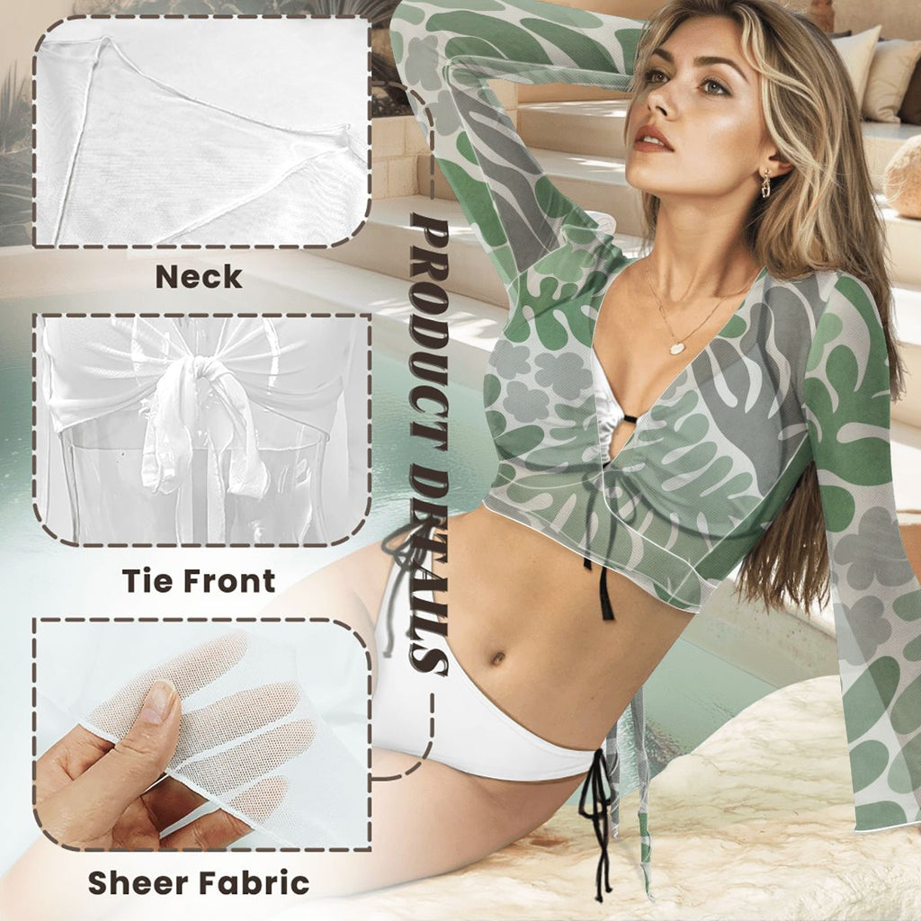 Azure Swimsuit Cardigan Tie-Front Crop Top