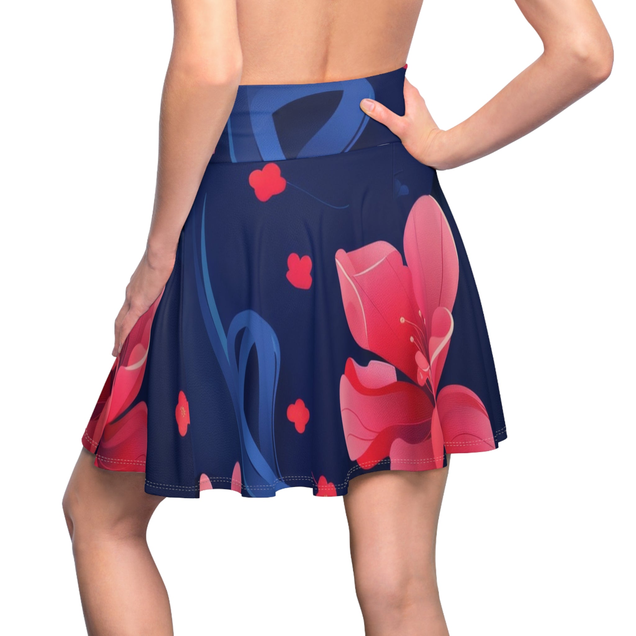 Floral Navy & Coral Skater Skirt — Elegant Pink Blossom