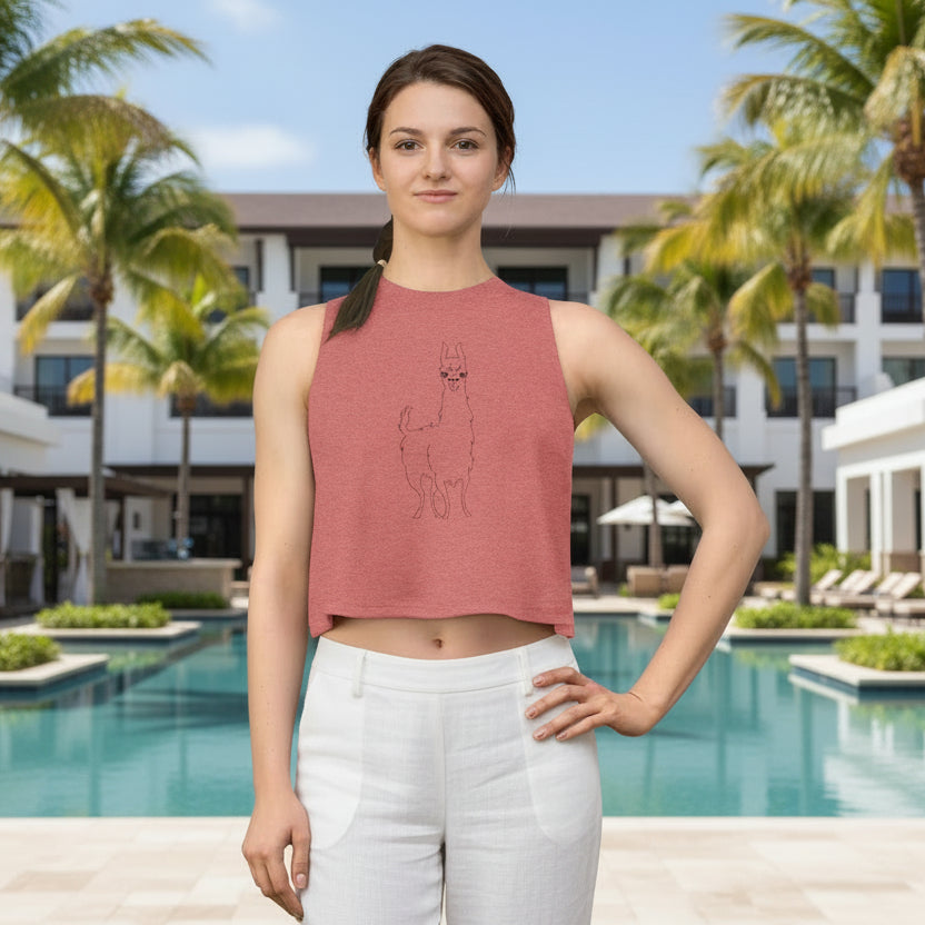 Azure Llama Line Art Women's Crop Top — Minimal Cute Alpaca Sketch Tank