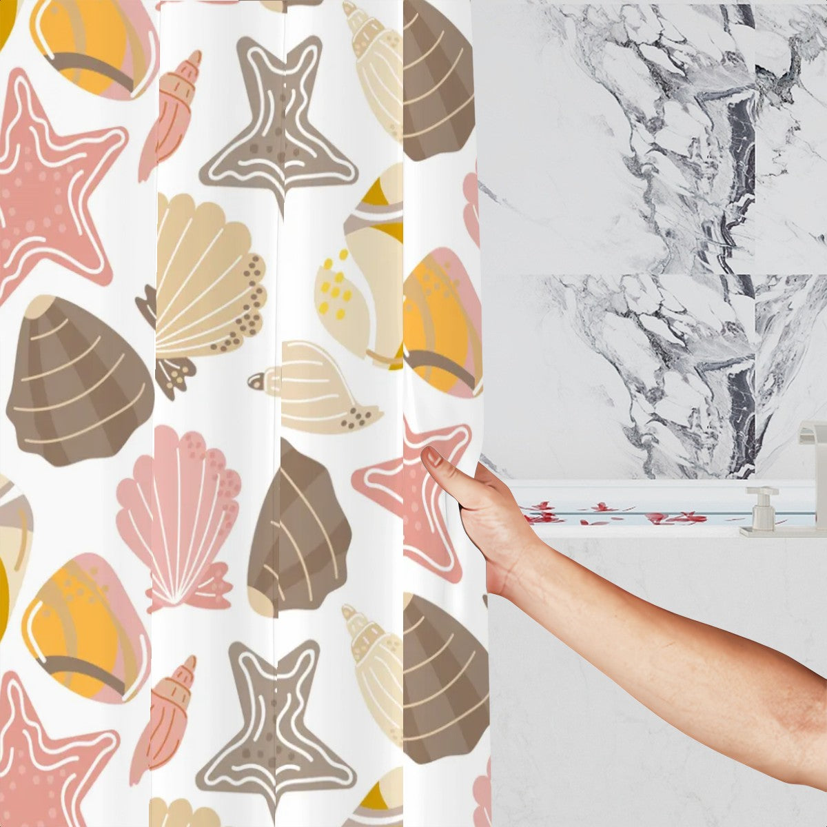 Retro Seashells Shower Curtain – Coastal Tropical Bathroom Décor