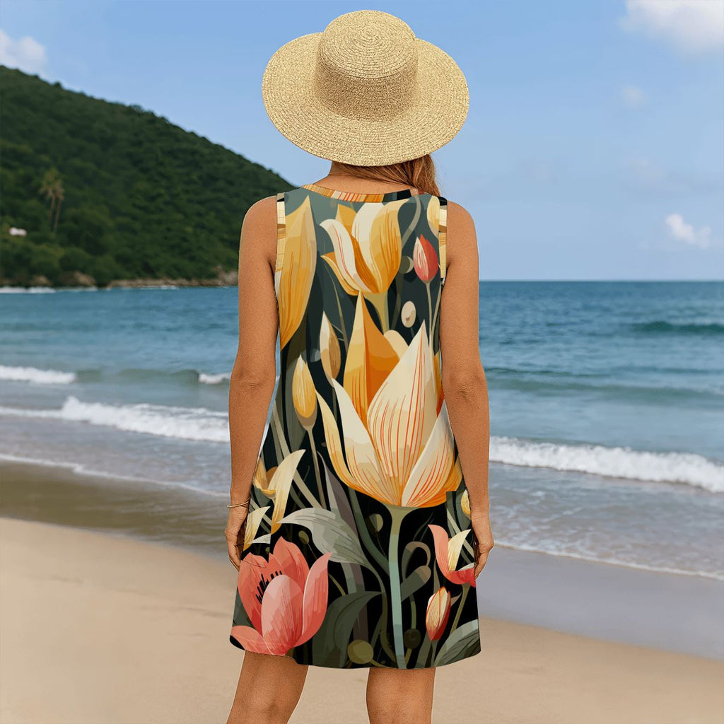 Azure Sleeveless Floral Mini Shift Dress with Pockets