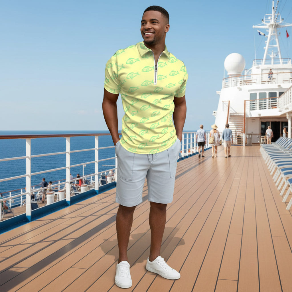 Tropical Fisherman Slim Fit Zip Polo Shirt
