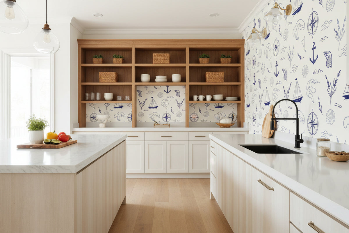 Nautical Blue & White Peel-and-Stick Wallpaper |Coastal Pattern