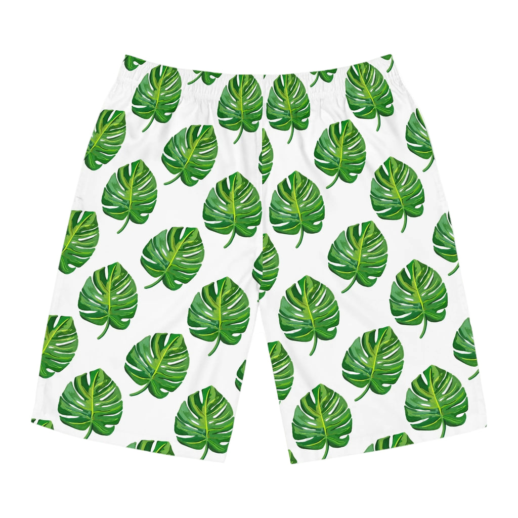 Tropical Monstera Board Shorts — Men's Leaf Print Swim Trunks
