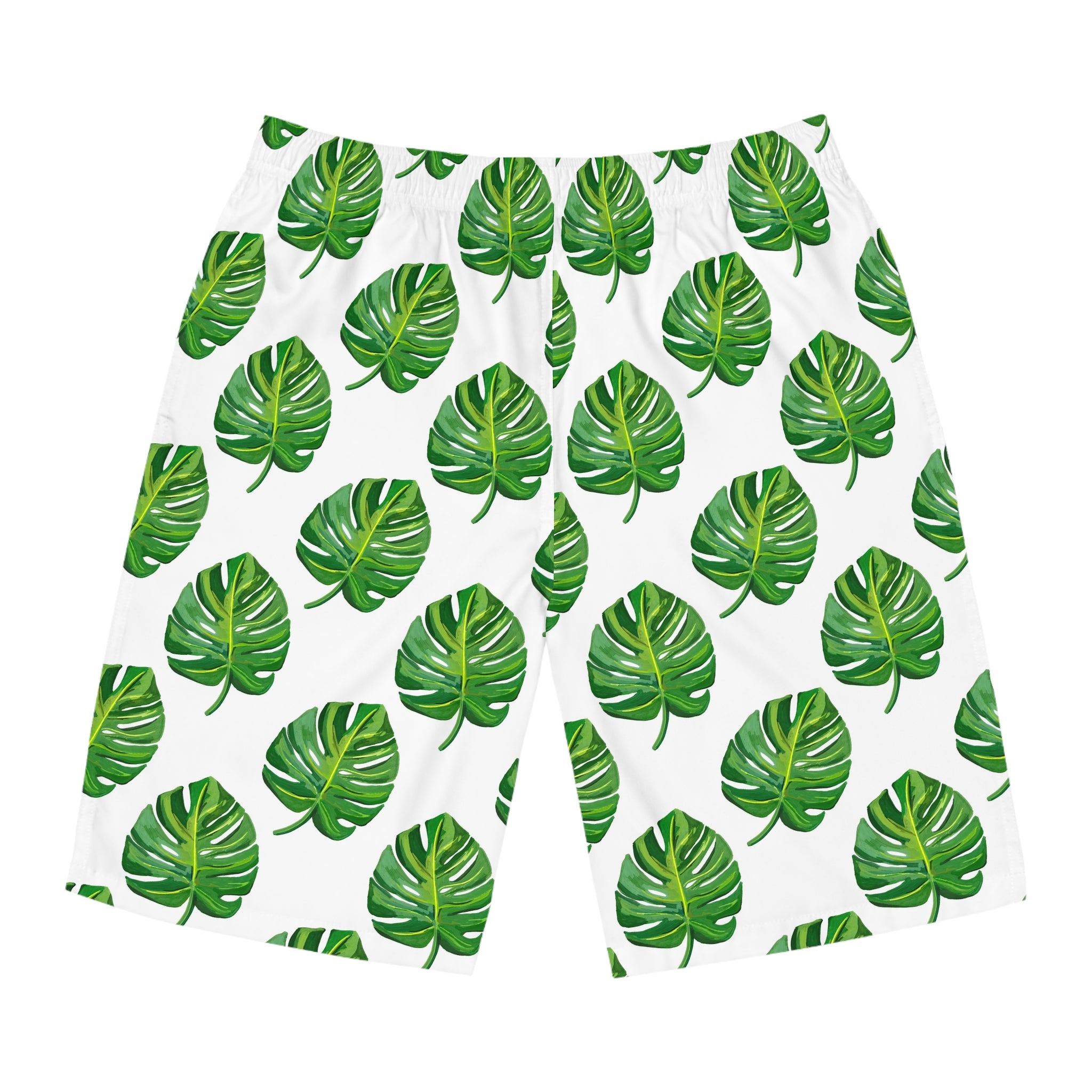 Azure Tropical Monstera Board Shorts — Men's Leaf Print Swim Trunks