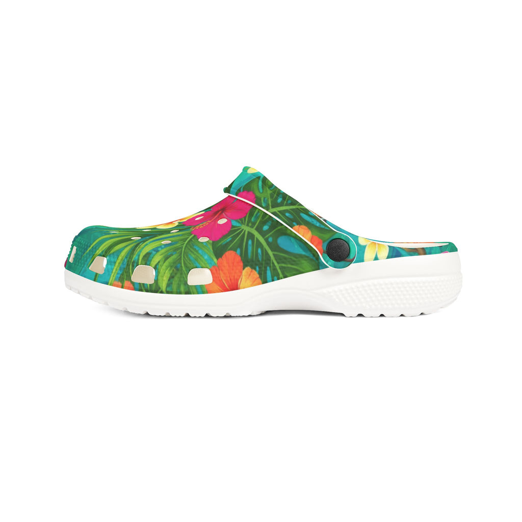 Women's Tropical Floral Clogs — Lightweight EVA Foam Garden Shoes with Hibiscus & Monstera Print | Resort & Pool Footwear