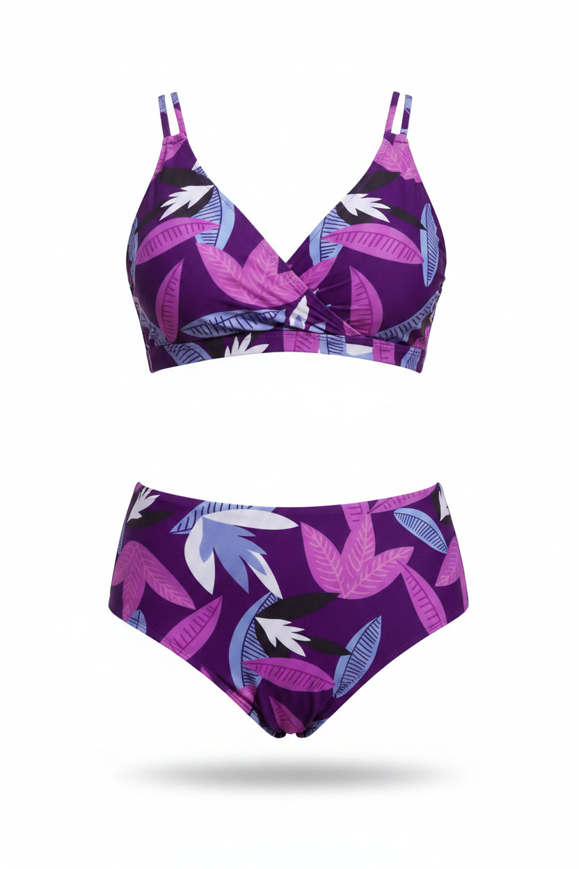 Plus Size Printed High-Waist Bikini Set with Skirt | Women's Two-Piece Swimsuit