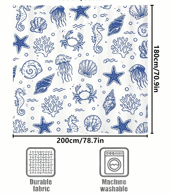 Coastal Sea Life Shower Curtain | Navy & White