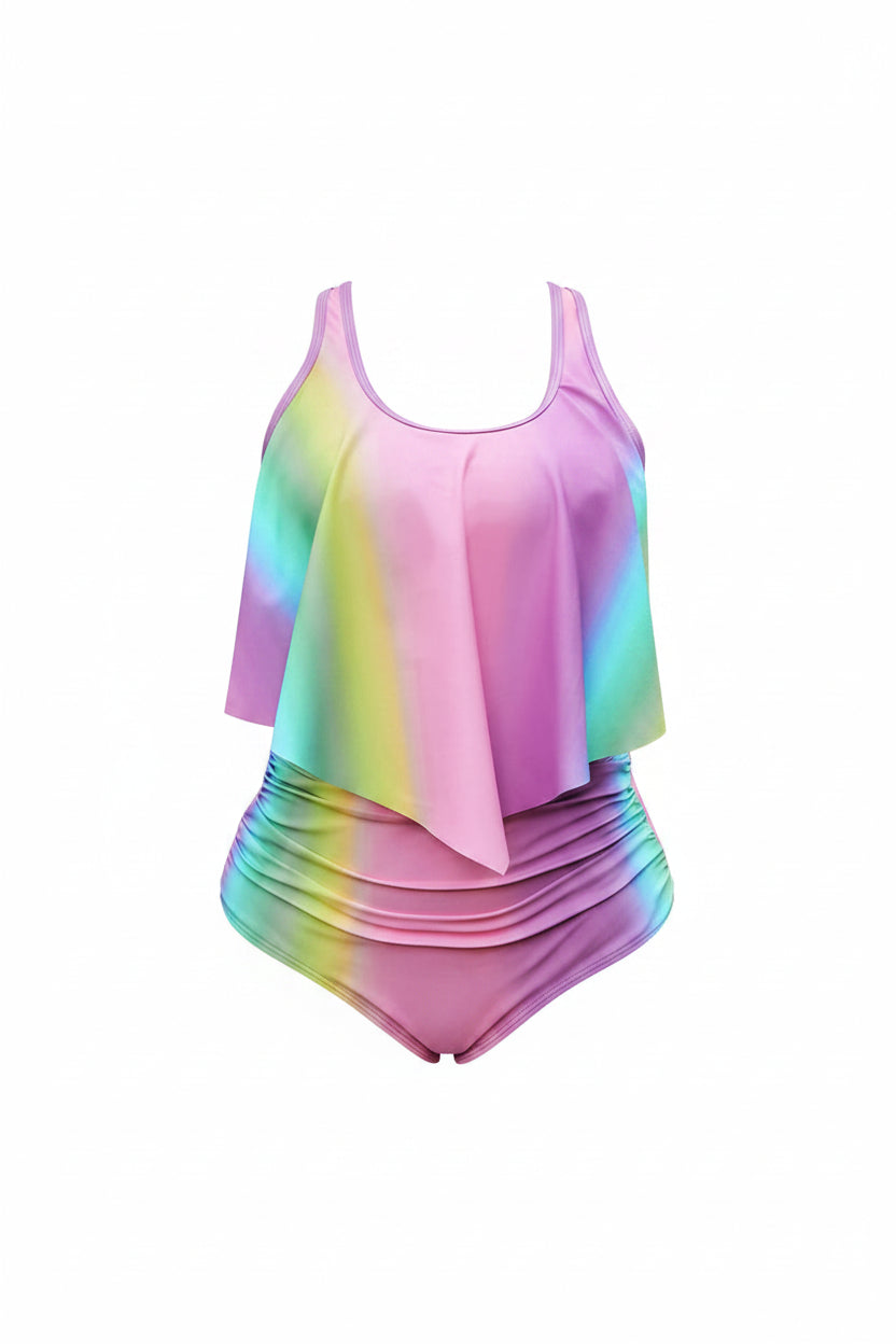 Azure Tropical Ombre Hanky-Hem Ruched Tankini — Plus Size Two-Piece Swimsuit