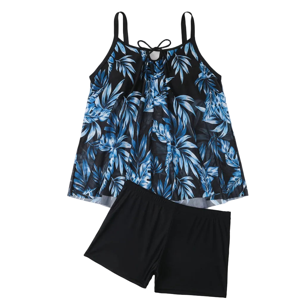 Printed Tankini Set with High-Waist Shorts — Plus Size Two-Piece Swimwear
