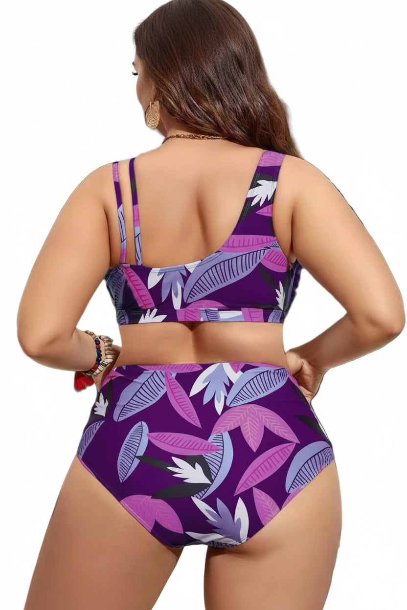 Plus Size Printed High-Waist Bikini Set with Skirt | Women's Two-Piece Swimsuit