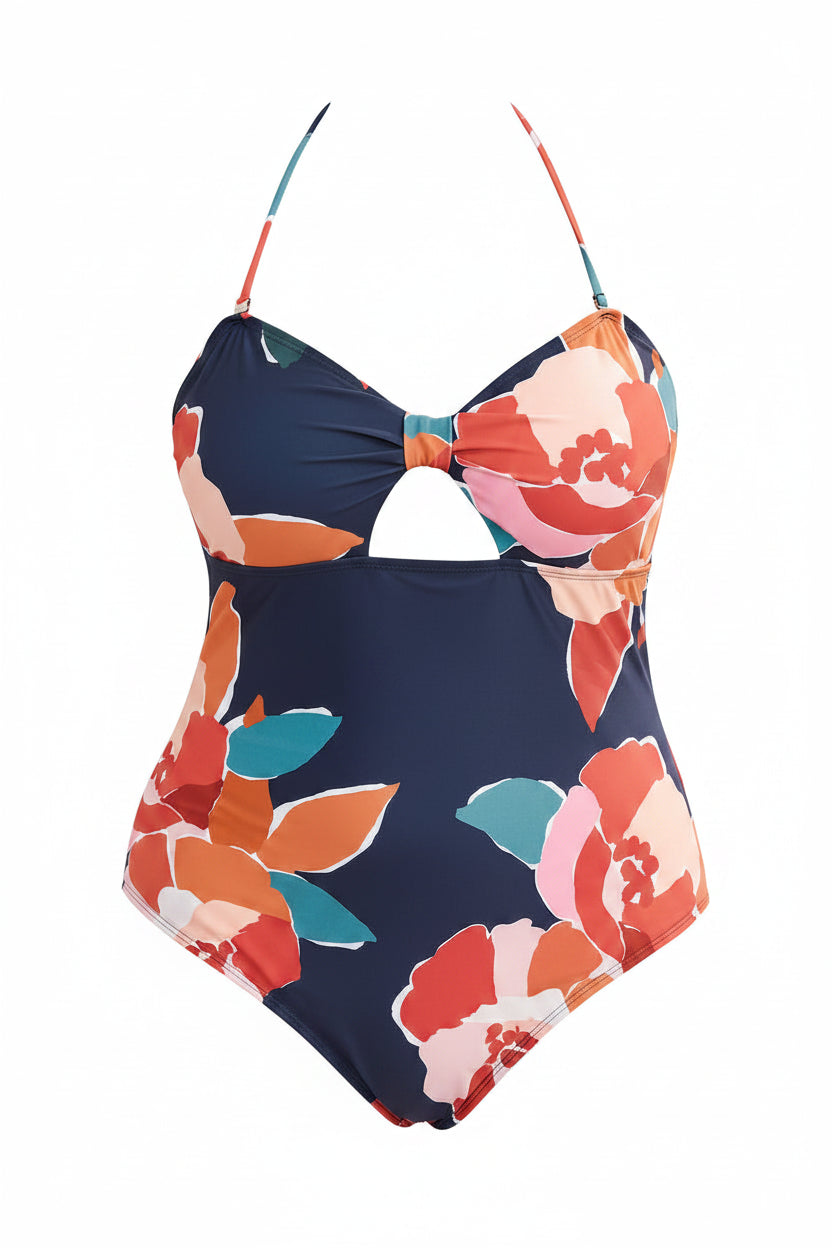 Tropical Print Plus Size One-Piece Swimsuit | Hollow-Out Swimwear for Women